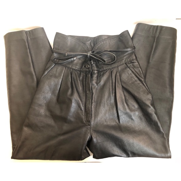 Vintage Pants - Vtg SUPER HIGH Waisted Black Leather Pants 80s 4